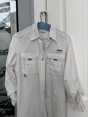Columbia White Long-Sleeve Button-Down Utility Shirt